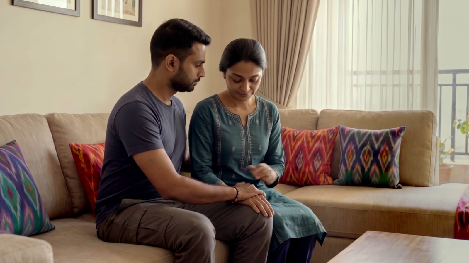 A couple sitting together during a quiet moment at home